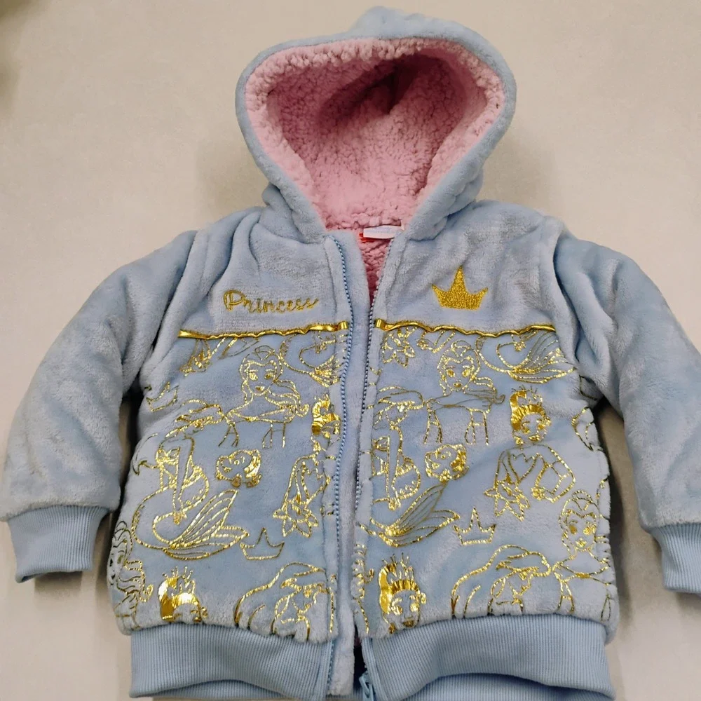 Disney Princess Jacket Coat Girls Toddler Hoodie Light Blue Gold Pink Sherpa  3T